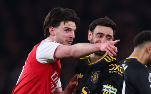 Split image showing Declan Rice playing for Arsenal and Bruno Fernandes playing for Manchester United
