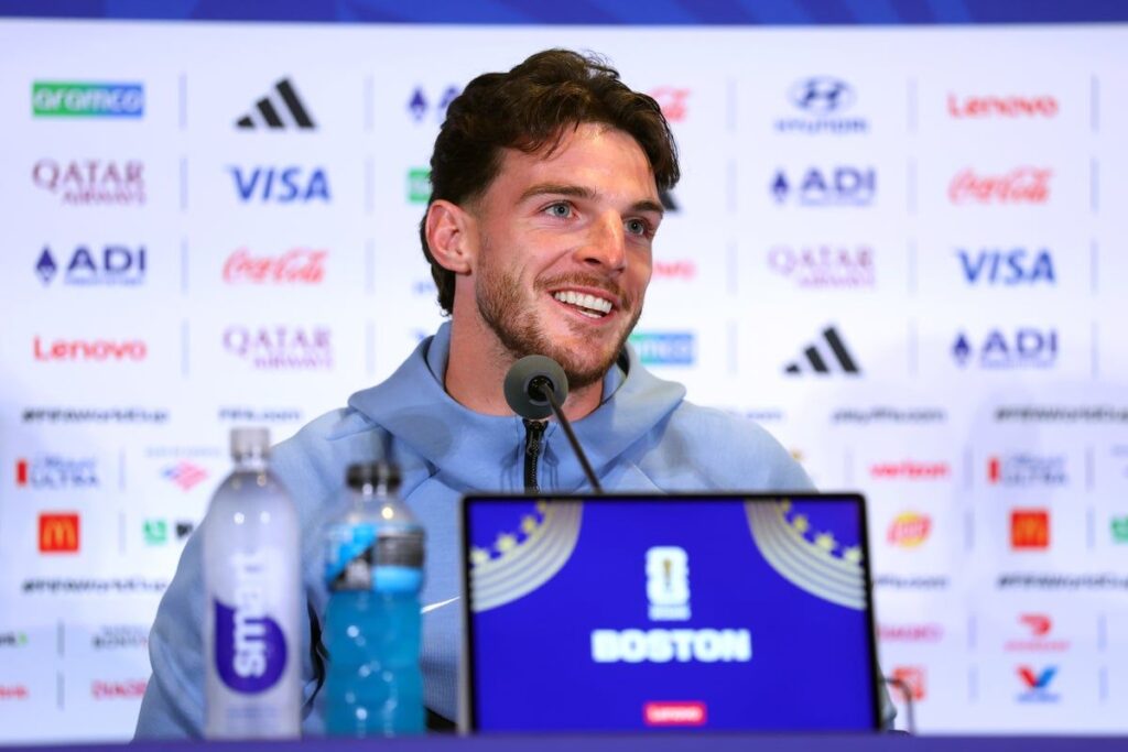 Declan Rice playing in midfield for England during a World Cup match