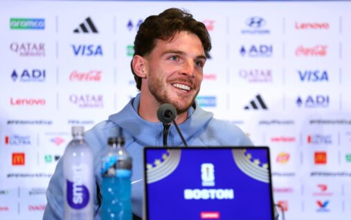 Declan Rice playing in midfield for England during a World Cup match