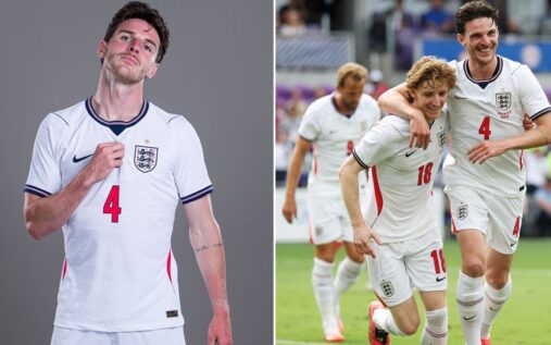Declan Rice wearing an England training shirt squinting in the bright Florida sunshine