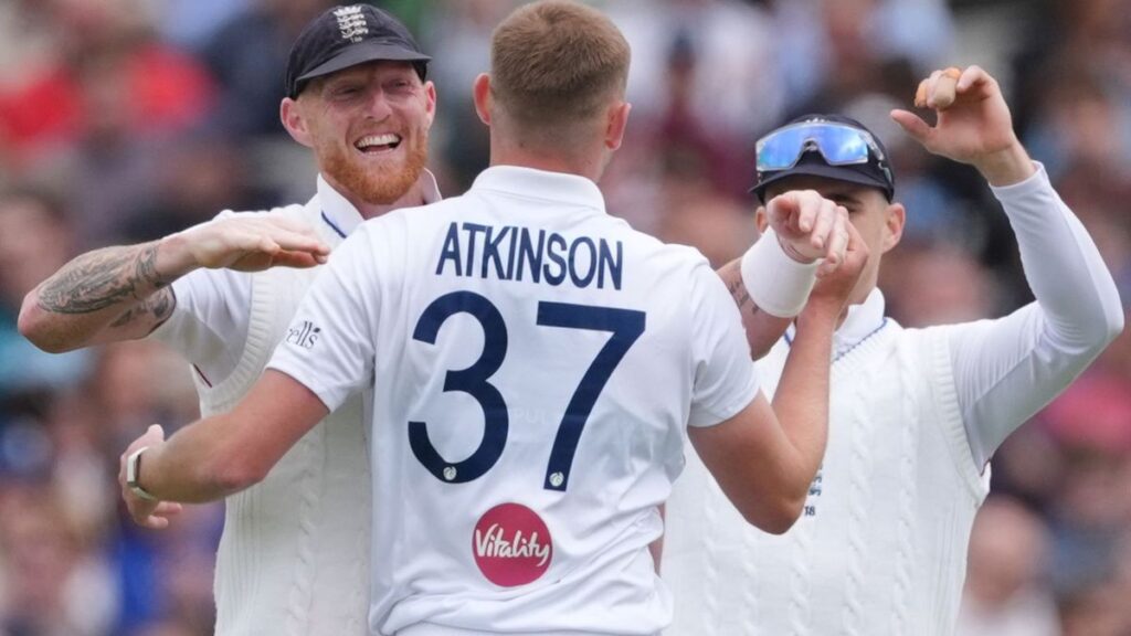Ben Stokes and Gus Atkinson pictured together in their England Test cricket uniforms