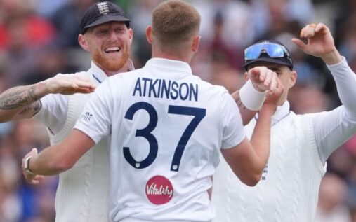 Ben Stokes and Gus Atkinson pictured together in their England Test cricket uniforms