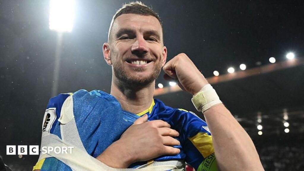Edin Dzeko playing for Bosnia-Herzegovina in his national team football kit.