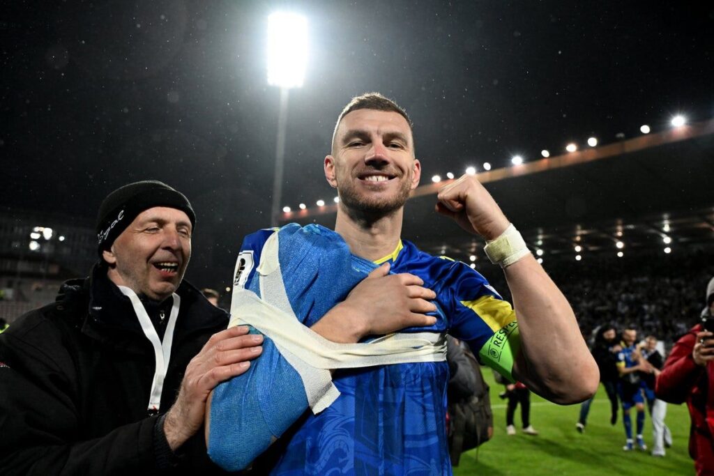 Edin Dzeko playing for the Bosnia and Herzegovina national football team