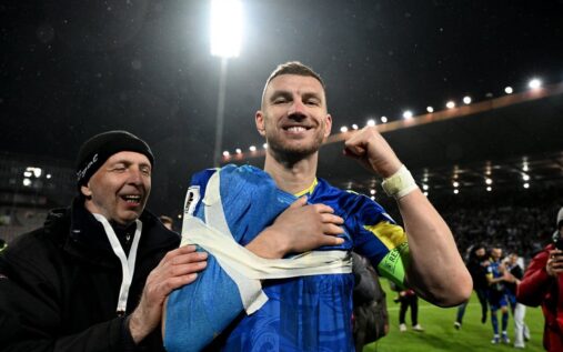 Edin Dzeko playing for the Bosnia and Herzegovina national football team
