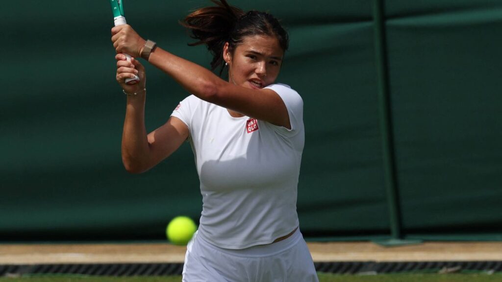 Emma Raducanu looking concerned during a Wimbledon grass-court practice session