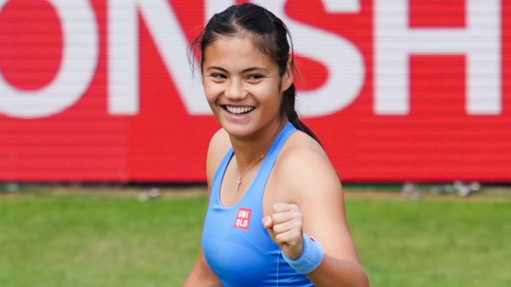 Emma Raducanu celebrates a point during her straight-sets victory at Queen's Club