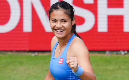 Emma Raducanu celebrates a point during her straight-sets victory at Queen's Club