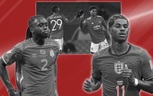 Marcus Rashford and Aaron Wan-Bissaka competing for the ball during a football match