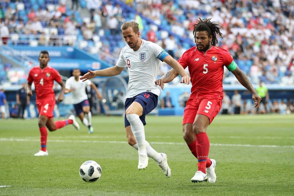 Harry Kane celebrating a goal for England during a World Cup match