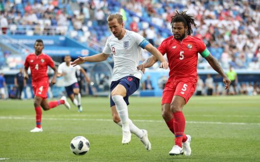 Harry Kane celebrating a goal for England during a World Cup match