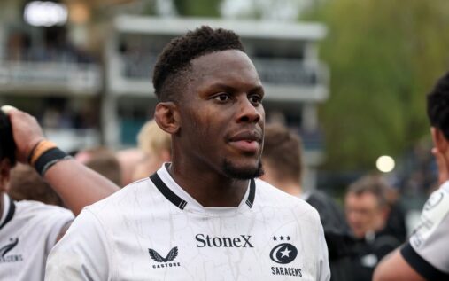 Maro Itoje looking focused in his England Rugby kit during an international match