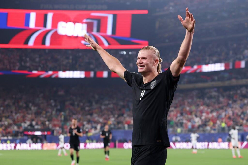 Erling Haaland celebrating a World Cup goal for the Norway national team