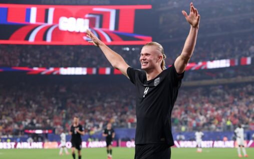 Erling Haaland celebrating a World Cup goal for the Norway national team