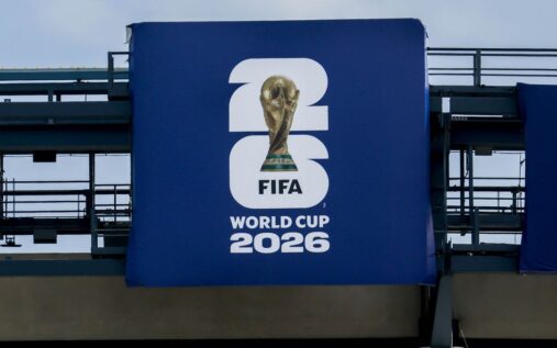 The FIFA World Cup trophy displayed ahead of the 2026 tournament in North America