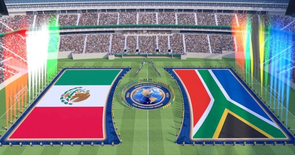 A wide view of the Estadio Azteca pitch prepared for a pre-match ceremony with large curved national flags