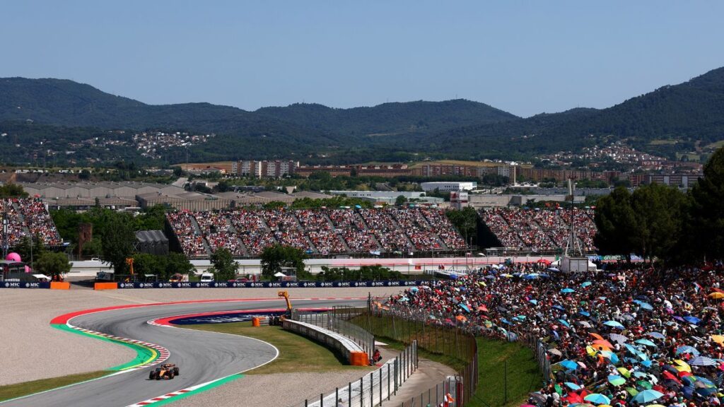 Formula 1 cars racing on the track at the Circuit de Barcelona-Catalunya