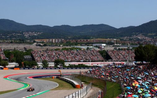 Formula 1 cars racing on the track at the Circuit de Barcelona-Catalunya