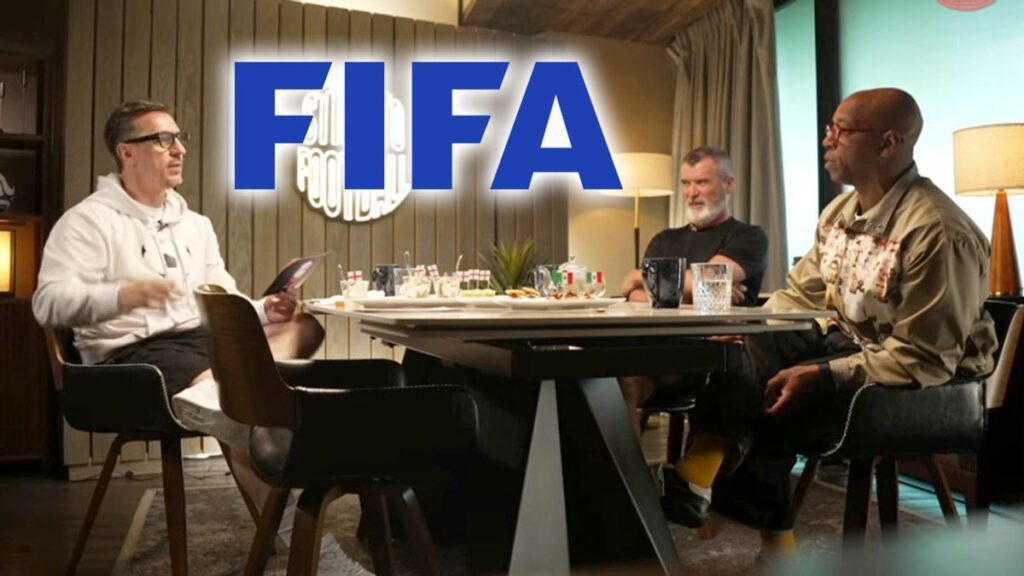 Gary Neville and Roy Keane speaking on a television broadcast panel