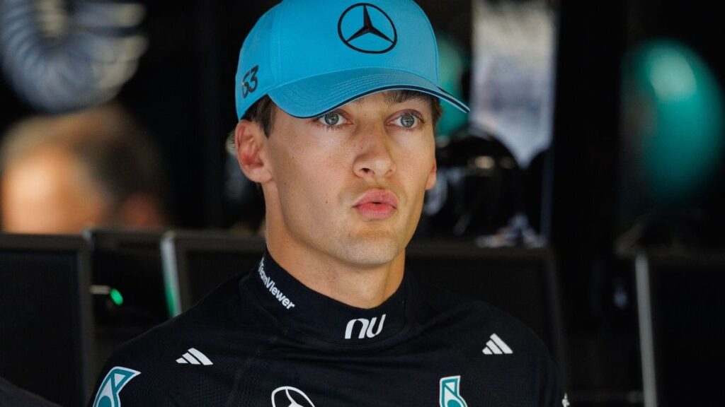George Russell driving his Mercedes Formula 1 car on track