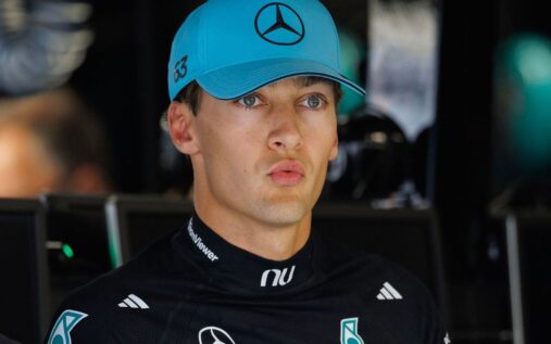 George Russell driving his Mercedes Formula 1 car on track