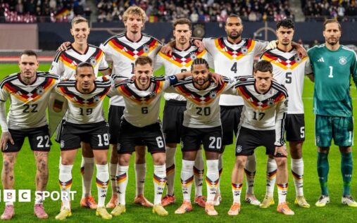 Joshua Kimmich and the Germany national team lining up on the pitch ahead of a World Cup match