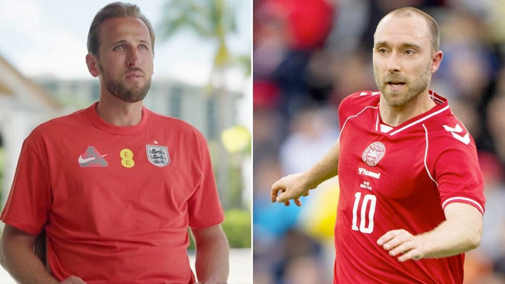 Christian Eriksen playing for Denmark and Harry Kane playing for England