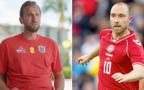 Christian Eriksen playing for Denmark and Harry Kane playing for England
