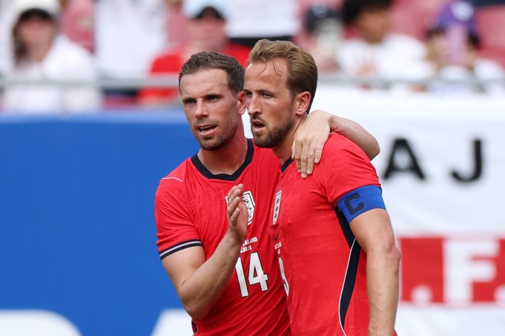 Harry Kane heading the ball to score for England against New Zealand