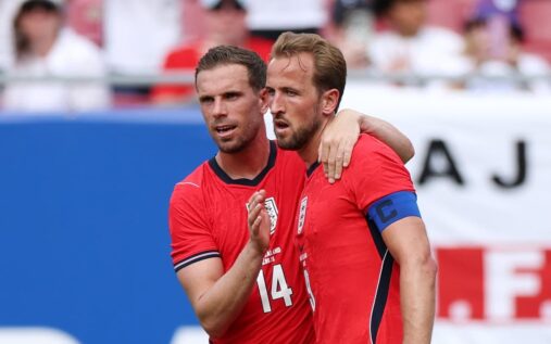 Harry Kane heading the ball to score for England against New Zealand