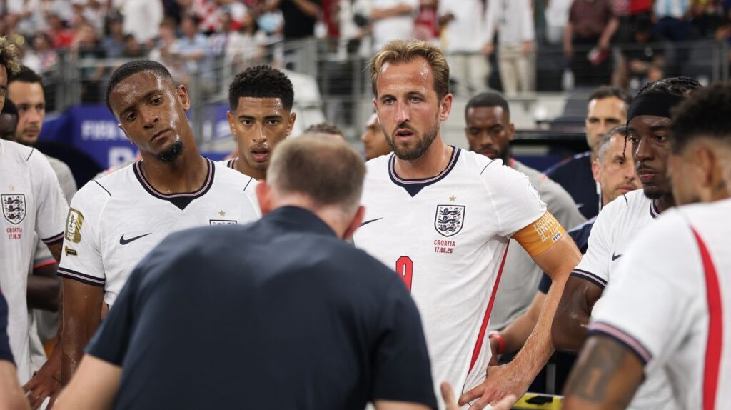 Harry Kane looking focused while playing for the England national football team