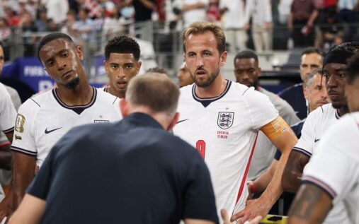 Harry Kane looking focused while playing for the England national football team