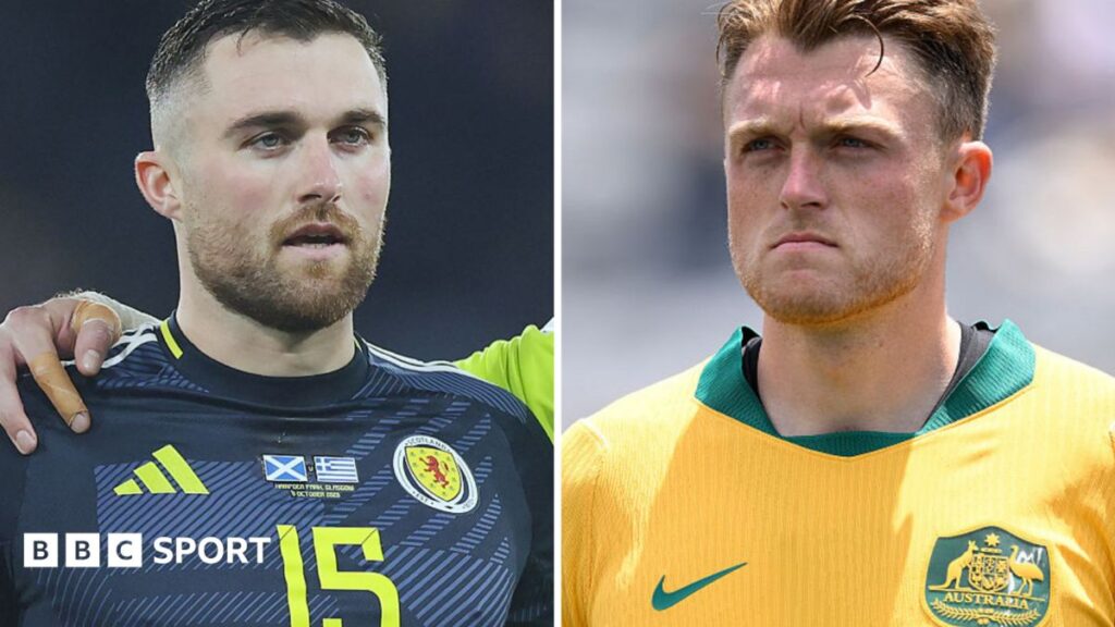 Split image of Harry Souttar playing for Australia and John Souttar playing for Scotland