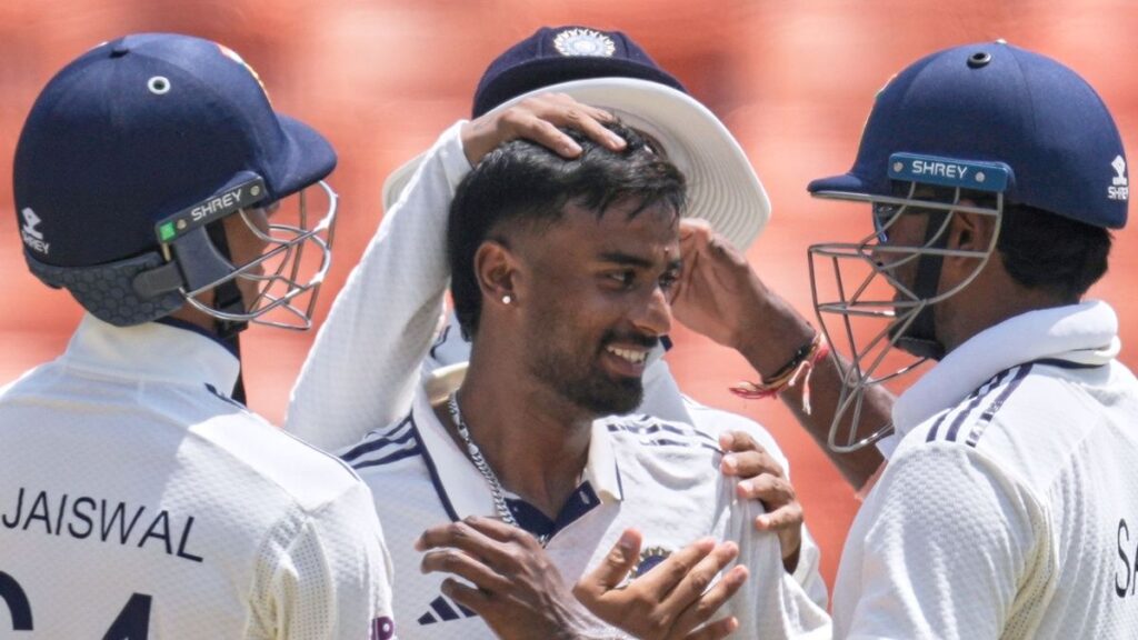 Manav Suthar bowling for India against Afghanistan during their record-breaking Test match victory