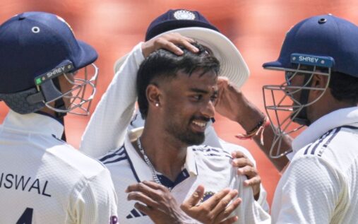 Manav Suthar bowling for India against Afghanistan during their record-breaking Test match victory