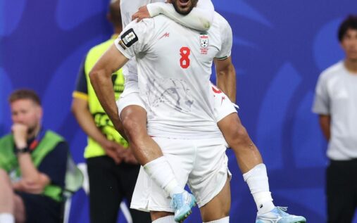 Iran and New Zealand players battle for the ball during their thrilling 2-2 World Cup draw at SoFi Stadium in Los Angeles