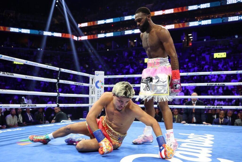 Jaron Ennis celebrating his knockout victory over Xander Zayas in their super-welterweight world title fight in Brooklyn