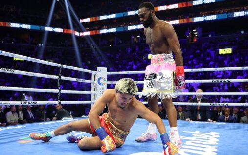 Jaron Ennis celebrating his knockout victory over Xander Zayas in their super-welterweight world title fight in Brooklyn