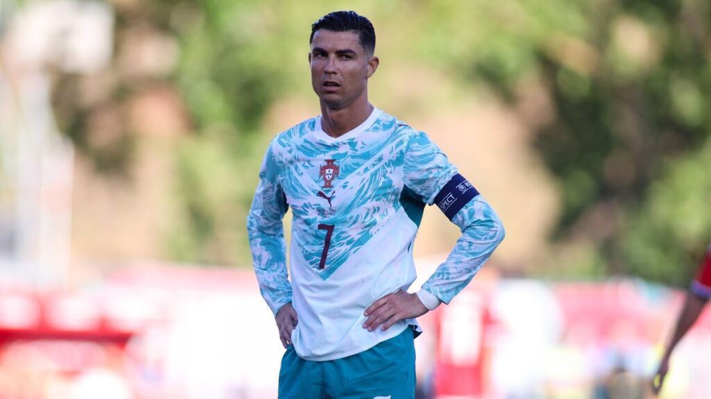 Cristiano Ronaldo looking frustrated in a Portugal national team shirt