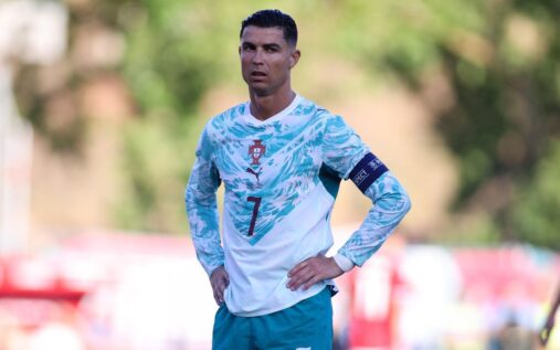 Cristiano Ronaldo looking frustrated in a Portugal national team shirt