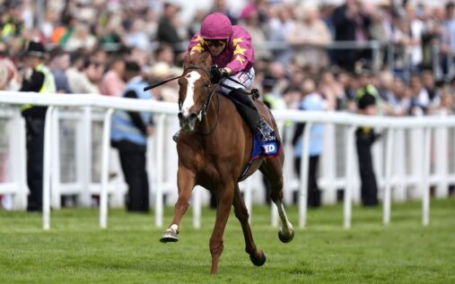 Thundering On and jockey Dylan Browne McMonagle crossing the finish line to win the Betfred Oaks at Epsom racecourse.