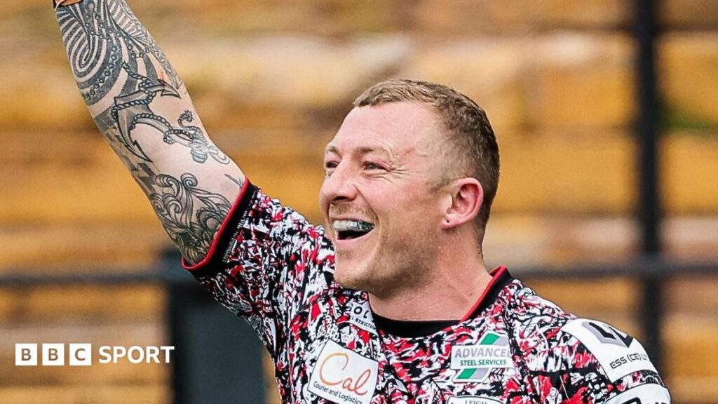 Leigh Leopards winger Josh Charnley celebrating a try during a Super League rugby match