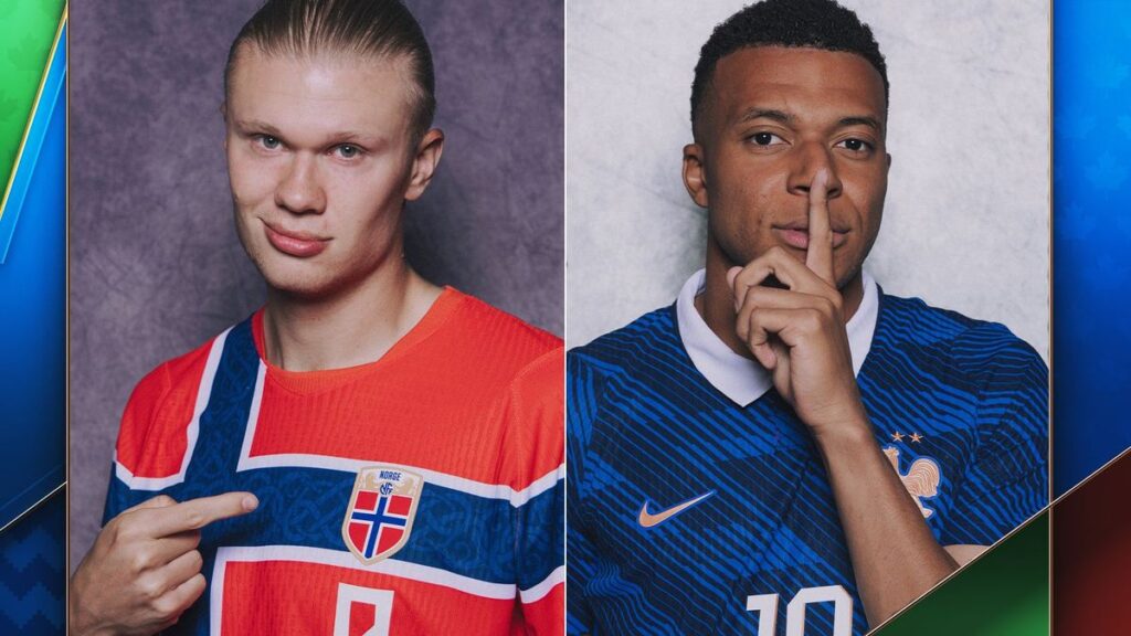Split image of Kylian Mbappe in a France kit and Erling Haaland in a Norway kit