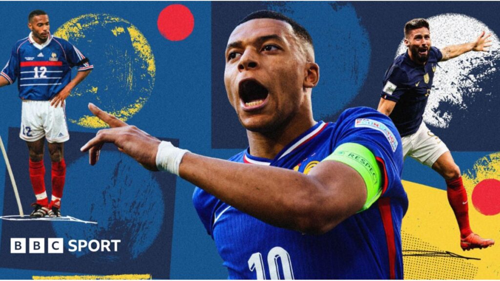 Kylian Mbappe celebrating after scoring his 57th goal for France at the World Cup