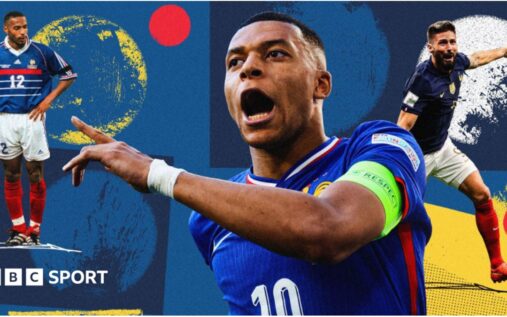 Kylian Mbappe celebrating after scoring his 57th goal for France at the World Cup