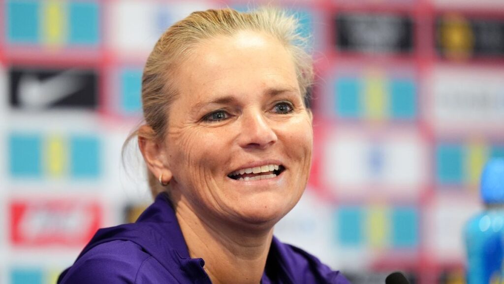England manager Sarina Wiegman and Lauren James during a national team training session