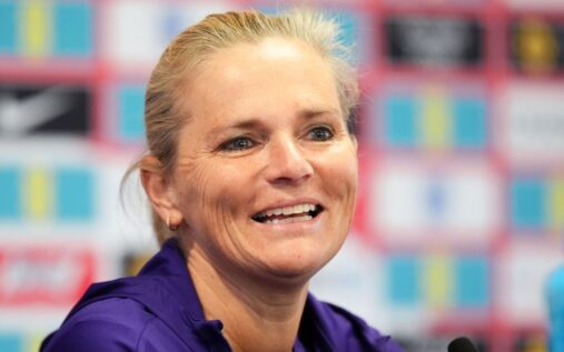 England manager Sarina Wiegman and Lauren James during a national team training session