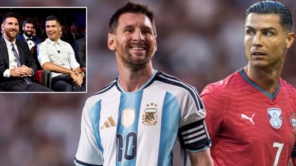 Lionel Messi and Cristiano Ronaldo facing each other on a football pitch