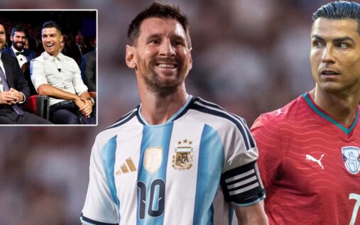 Lionel Messi and Cristiano Ronaldo facing each other on a football pitch