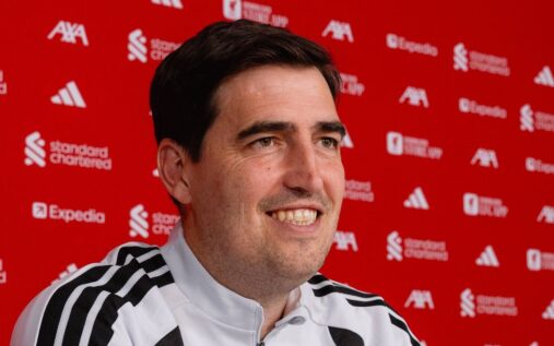 New Liverpool manager Andoni Iraola standing on the Anfield touchline